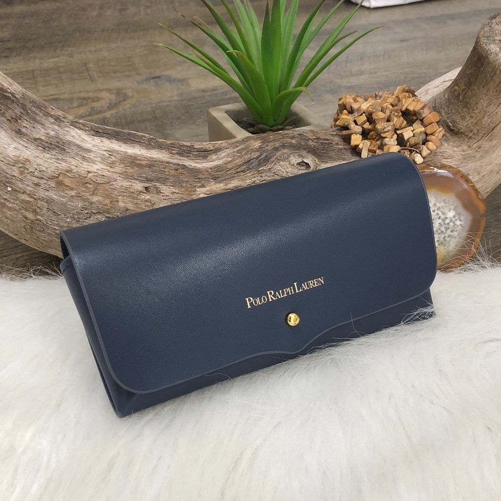 Polo Ralph Lauren Navy Blue Leather Glasses Case Gold Studded Closure & Cloth